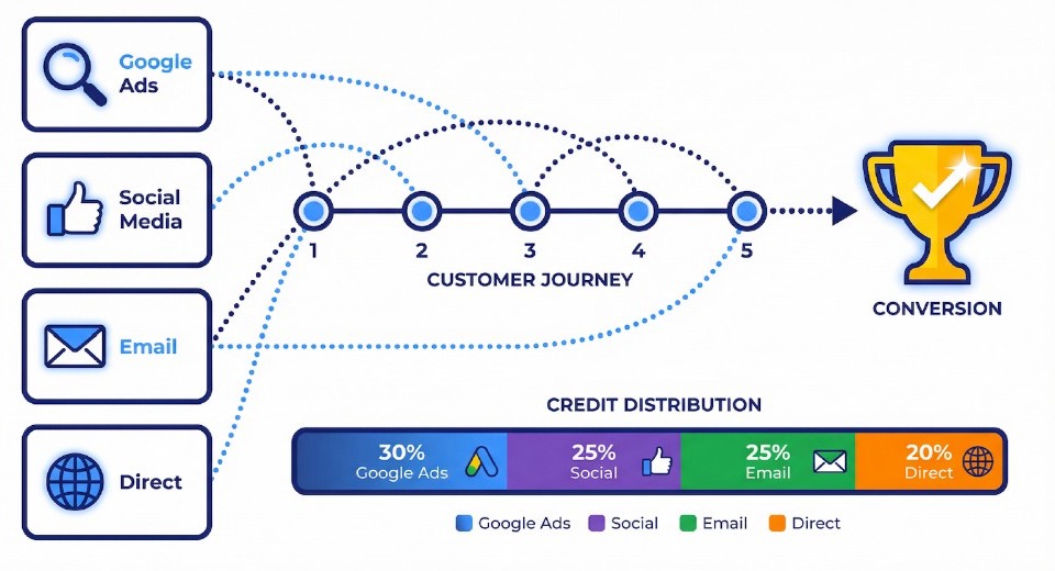 Customer journey and credit distribution: traffic sources (Google Ads, Social, Email, Direct) connected to touchpoints 1–5 and conversion, with credit distribution bar showing 30% Google Ads, 25% Social, 25% Email, 20% Direct
